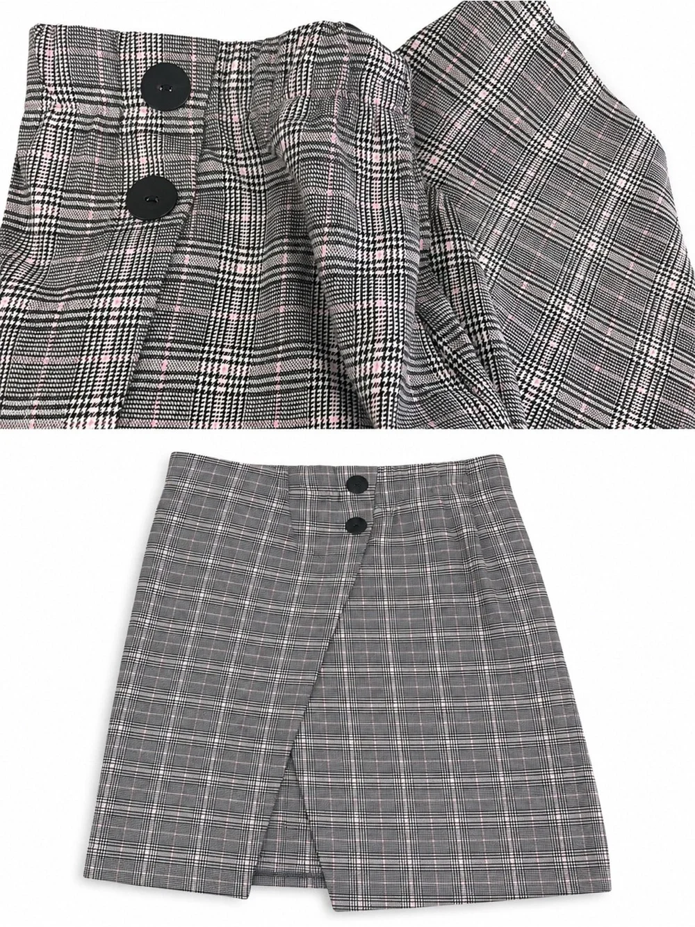 PAIGE Gray Plaid Asymmetrical Wrap Mini Skirt with Pink Threading